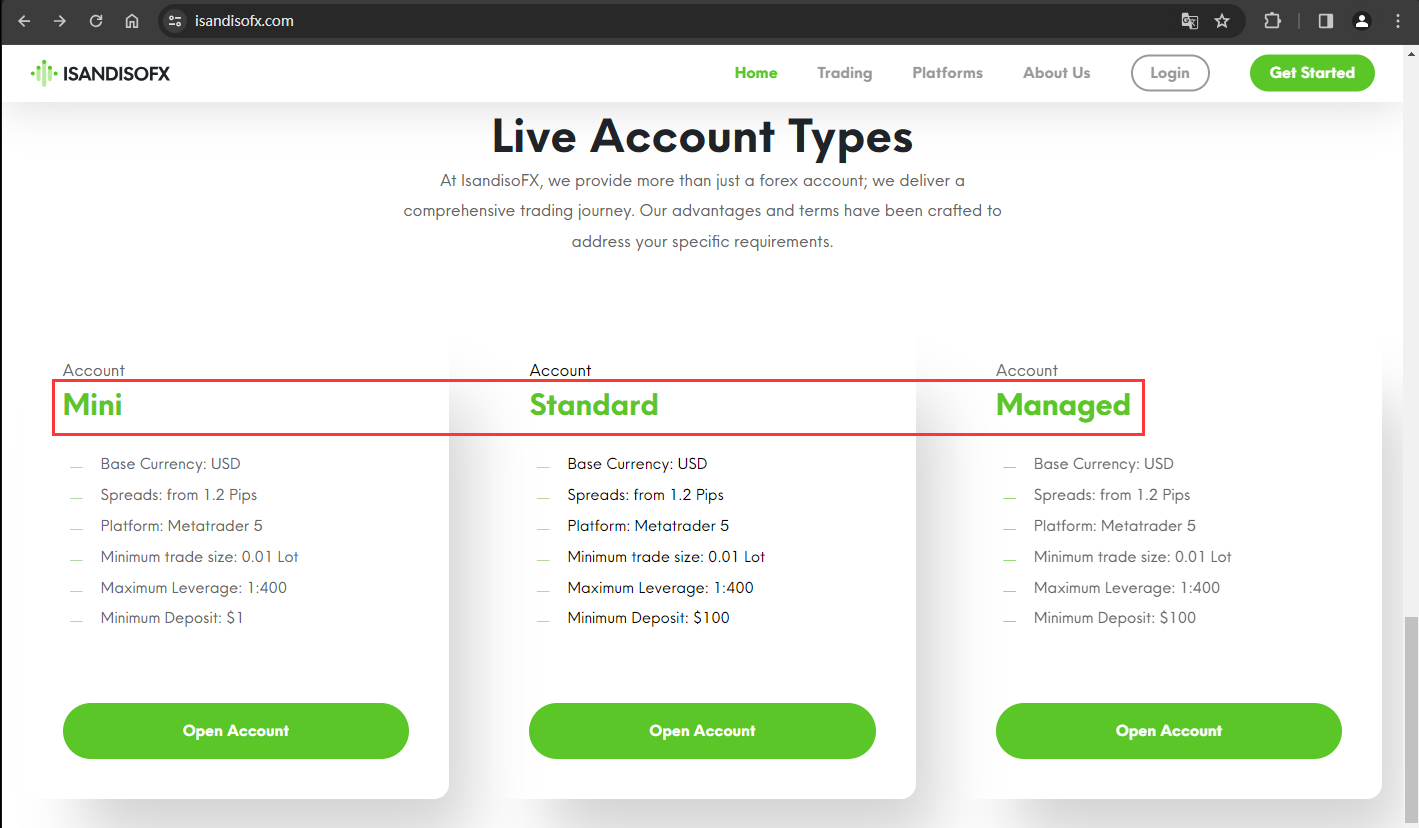 Trading account types displayed on the official website