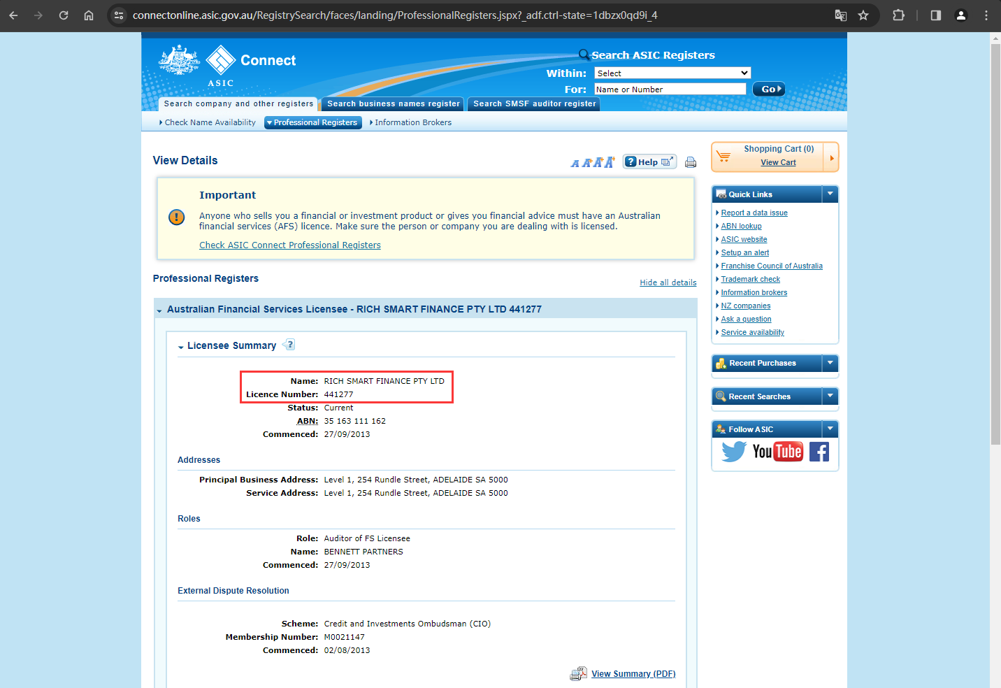 The regulatory information of 'RS Finance' by the Australian Securities and Investments Commission (ASIC)