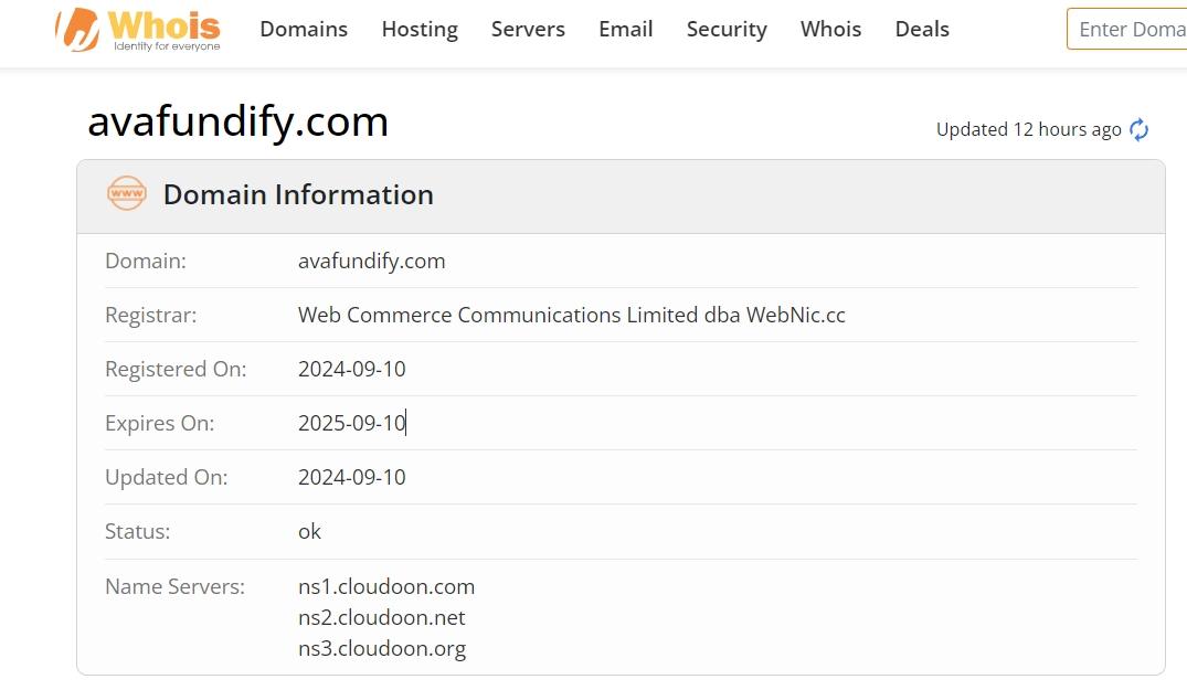 whois domain time of Avafundify