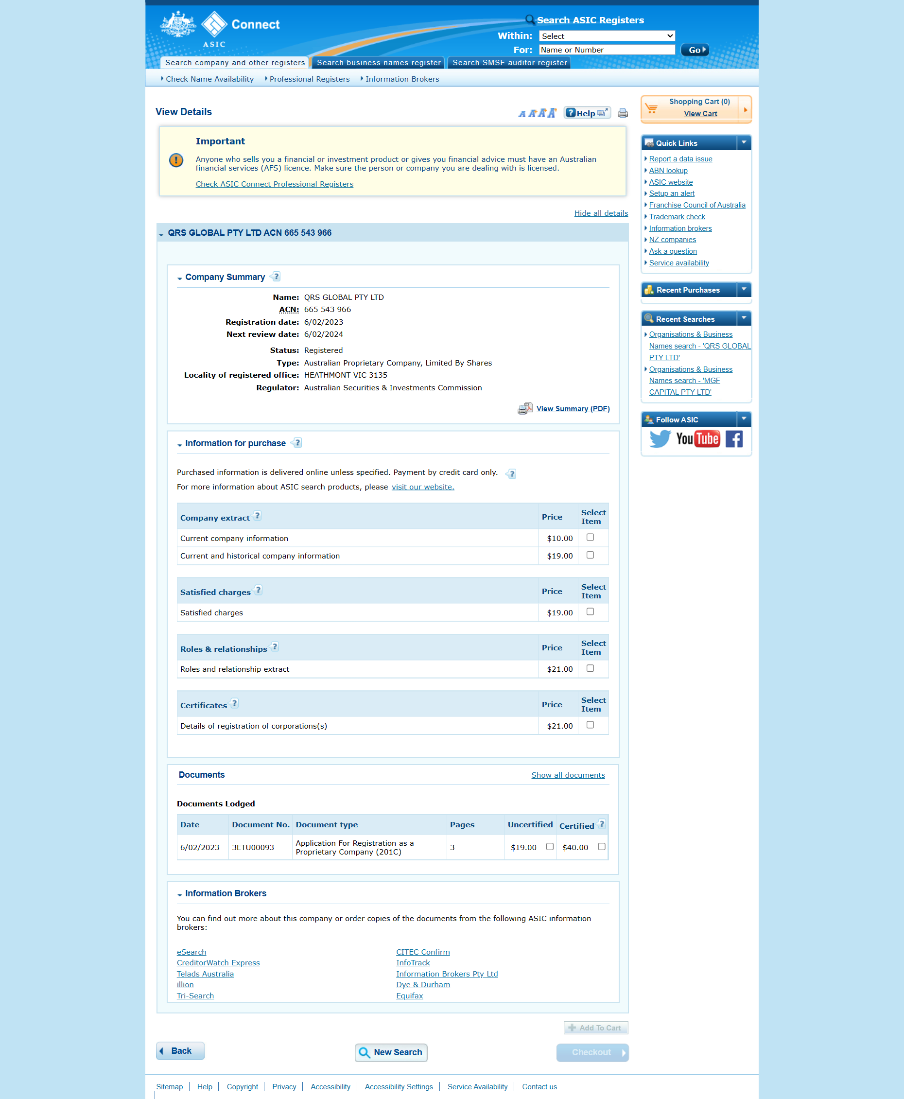 QRS GLOBAL PTY LTD registration information query