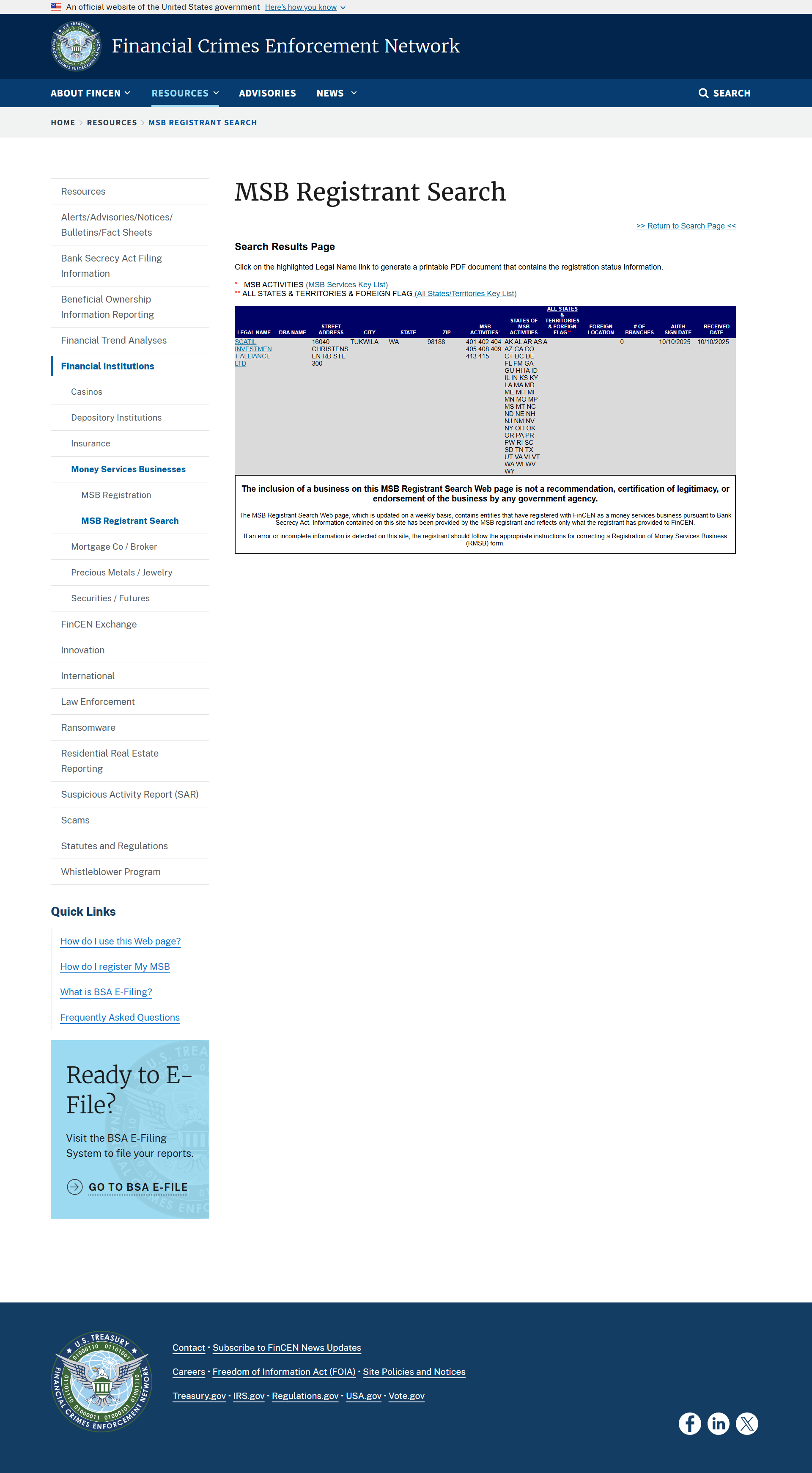 U.S. Financial Crimes Enforcement Network Lookup Results