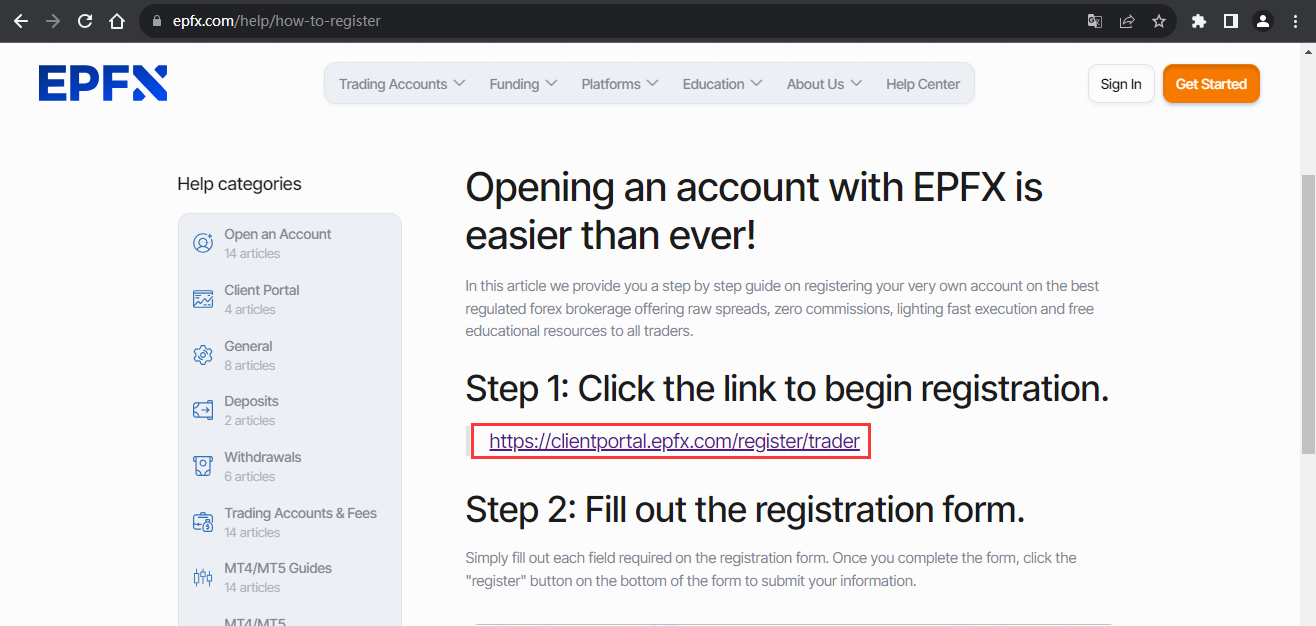 The official website displays account registration information