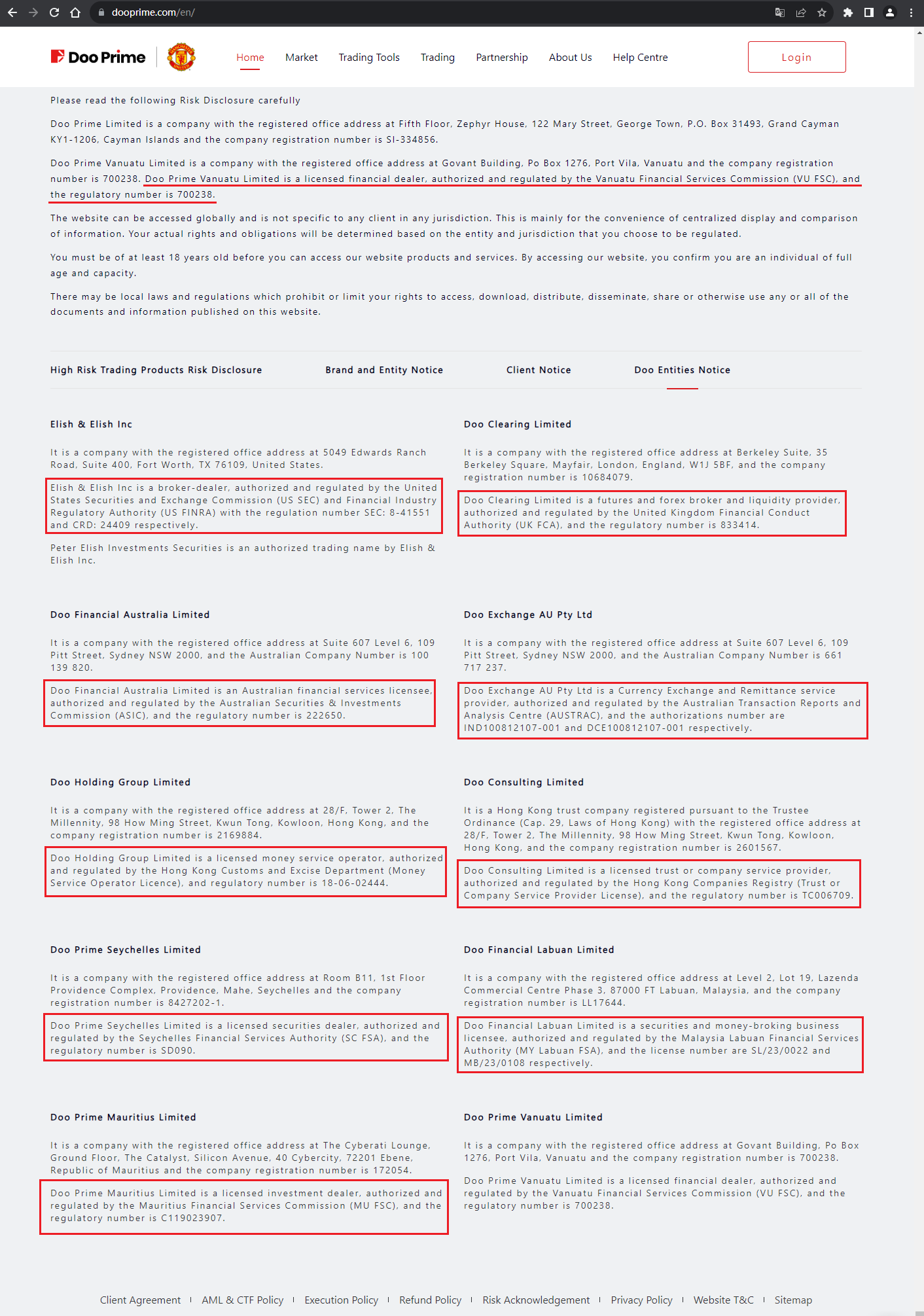 The official website displays company regulatory information