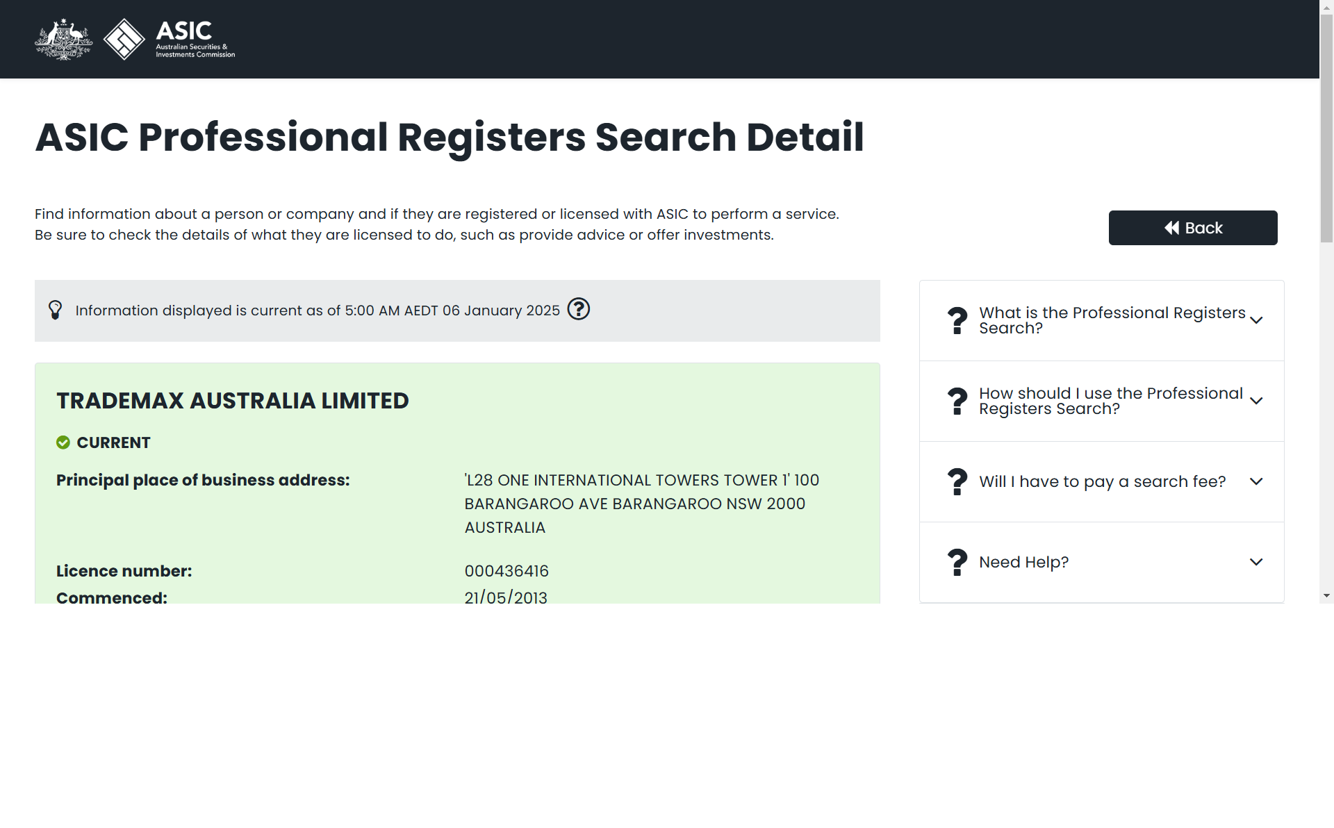 Australian Securities and Investments Commission（ASIC）Official Website