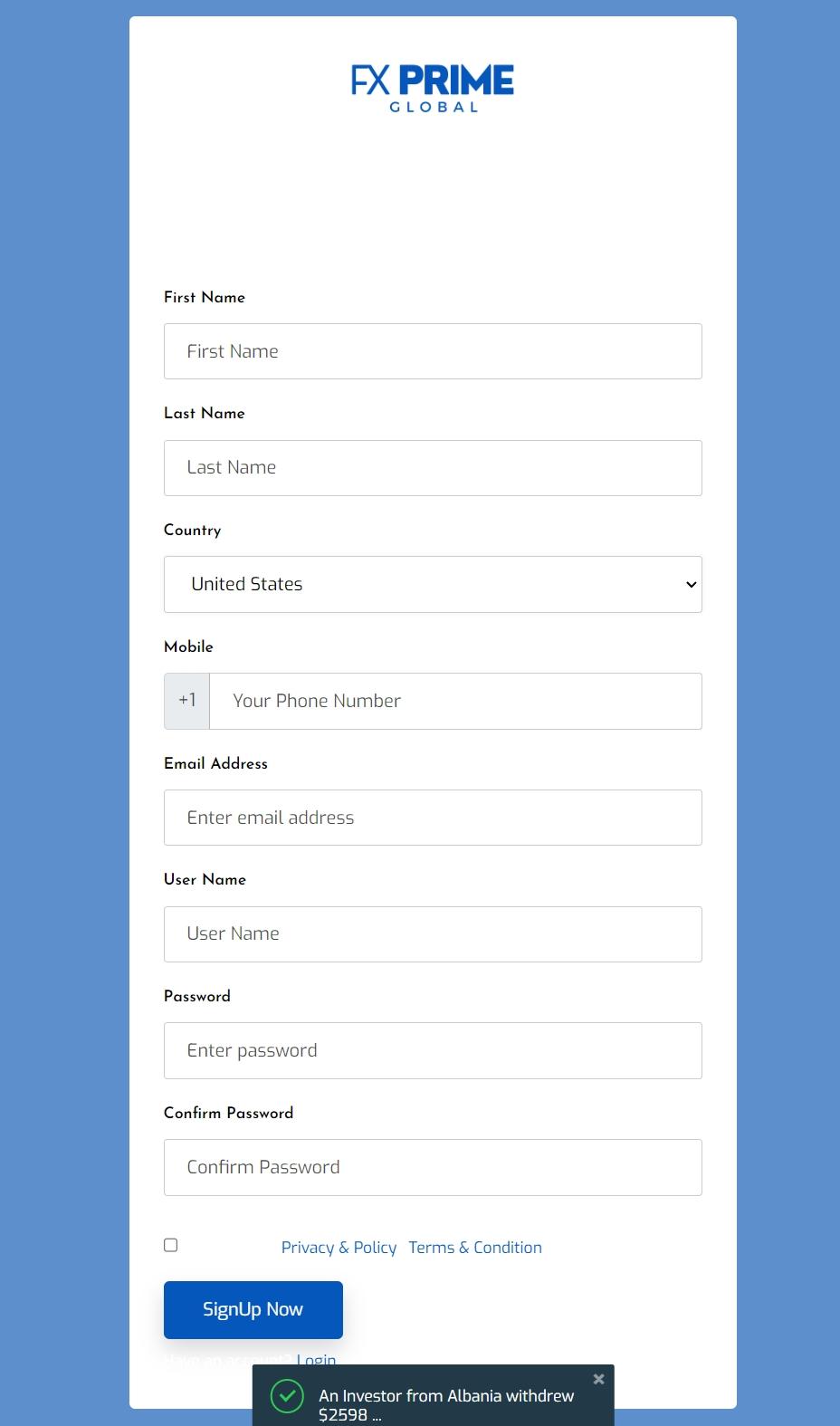 register of Fx Prime Global