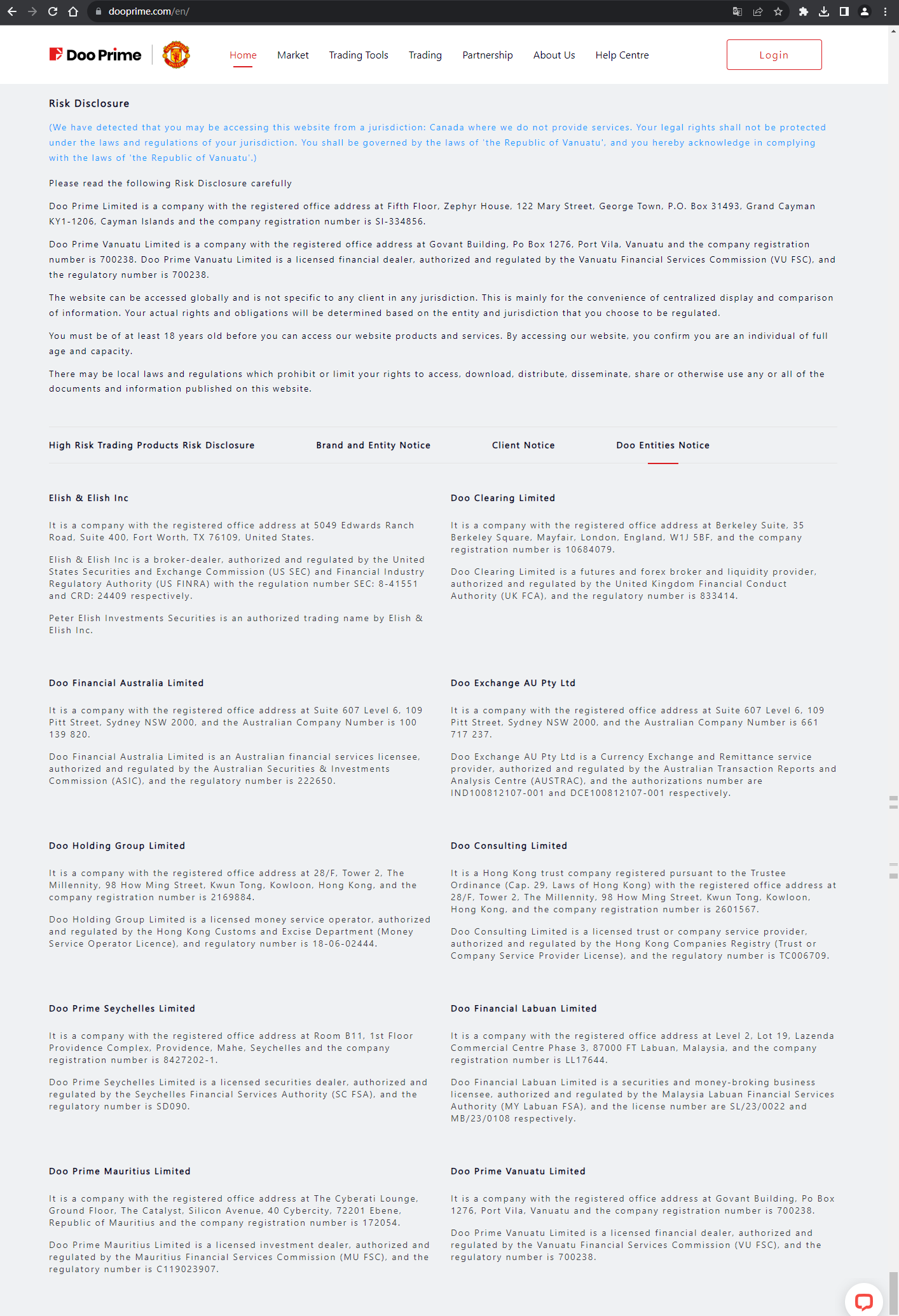 The official website shows the company registration information